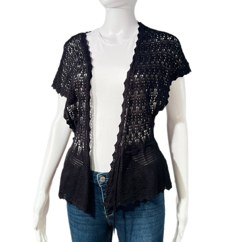 Crochet Knit Drop Waist Drawstring Cardigan - Picture 9 of 11
